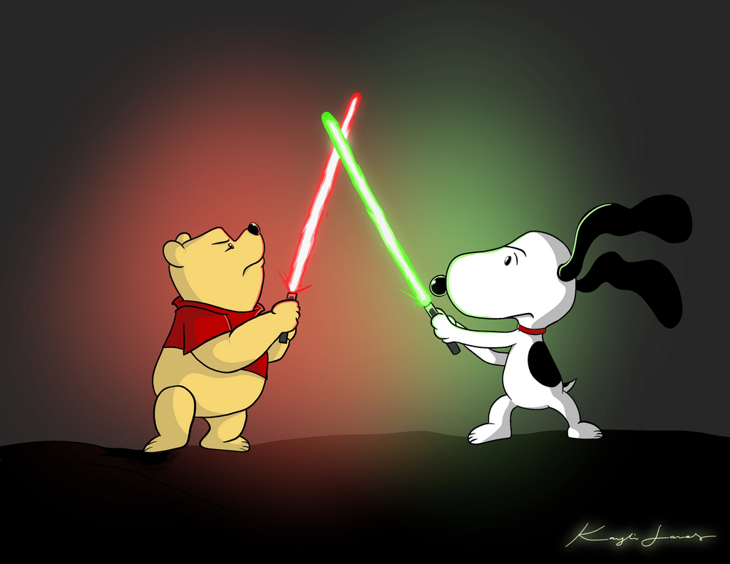 Snoopy vs. Pooh Lightsaber Duel by Little Jones Art Artist Coffee Mug